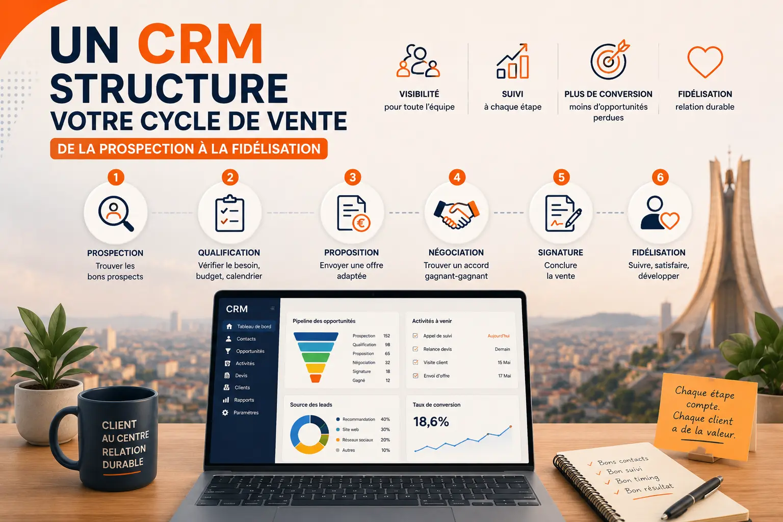 Schéma du cycle de vente d'une PME structuré étape par étape dans un CRM