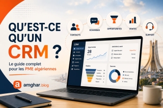 Équipe commerciale d'une PME algérienne consultant un logiciel CRM sur ordinateur