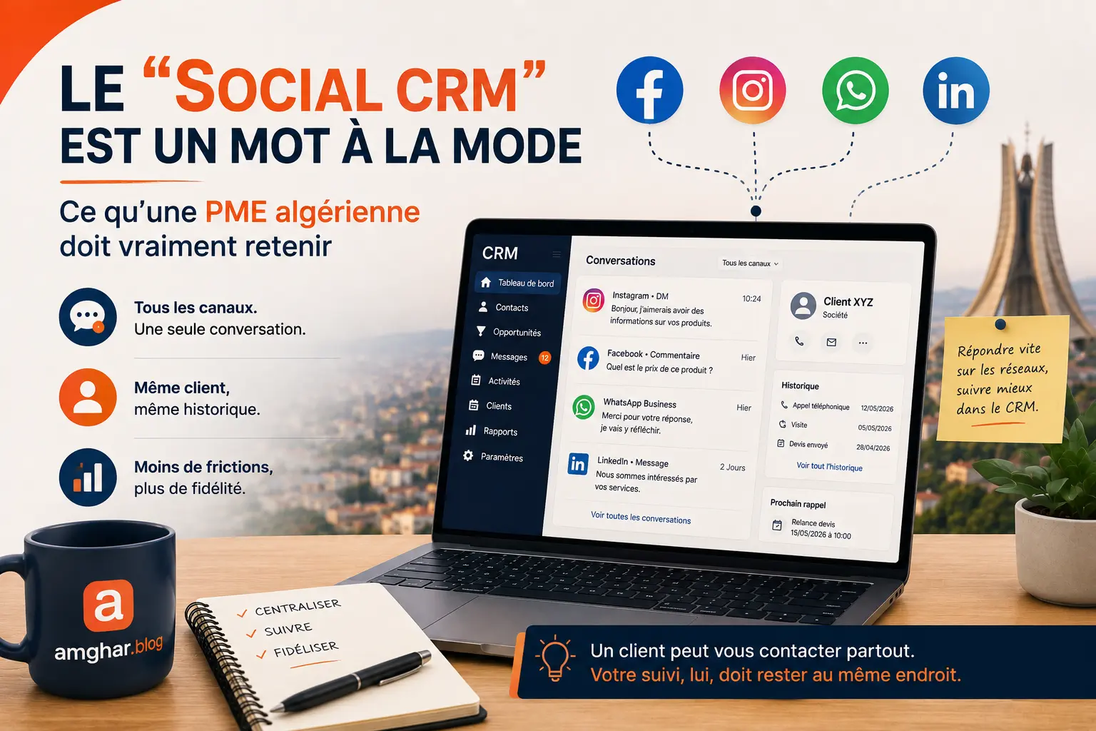 Concept de social CRM : réseaux sociaux connectés à un logiciel de gestion de la relation client